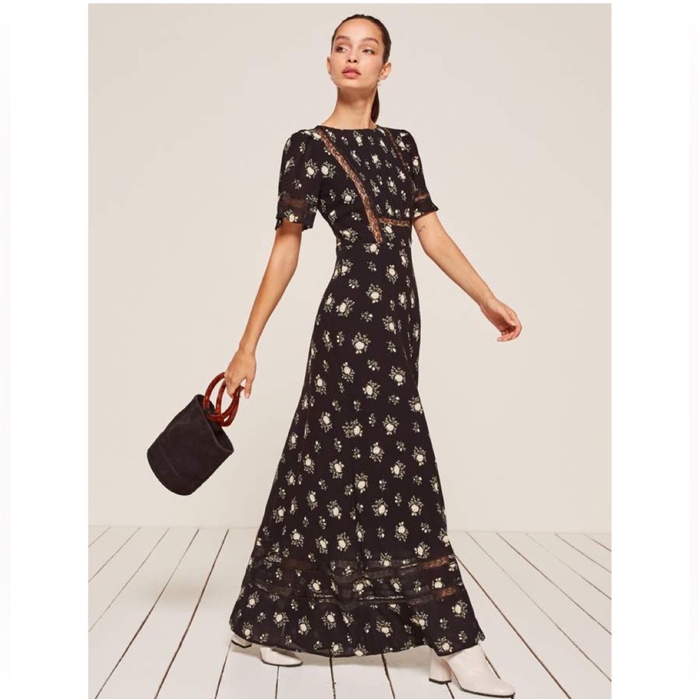 NWOT Reformation Patchouli Dress Black with Soft Yellow Floral Pattern Size 2